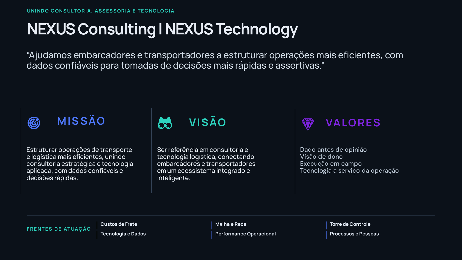 Slide com missão, visão e valores da NEXUS